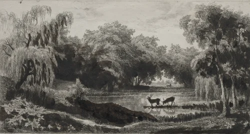 The Pool with Stags by Charles-François Daubigny, print, 1845