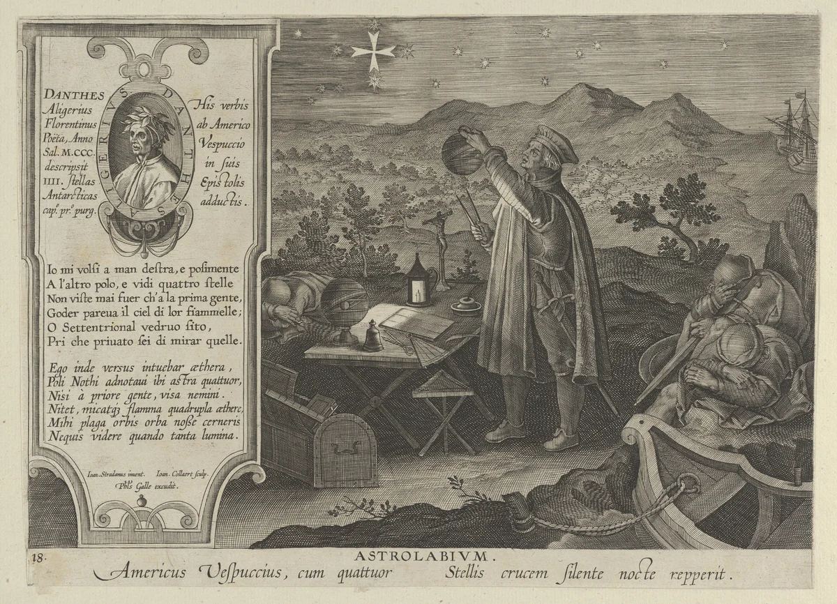 New Inventions of Modern Times [Nova Reperta], Amerigo Vespucci Discovering the Southern Cross with an Astrolabium, plate 18 by Jan Collaert, print, 1595-1605