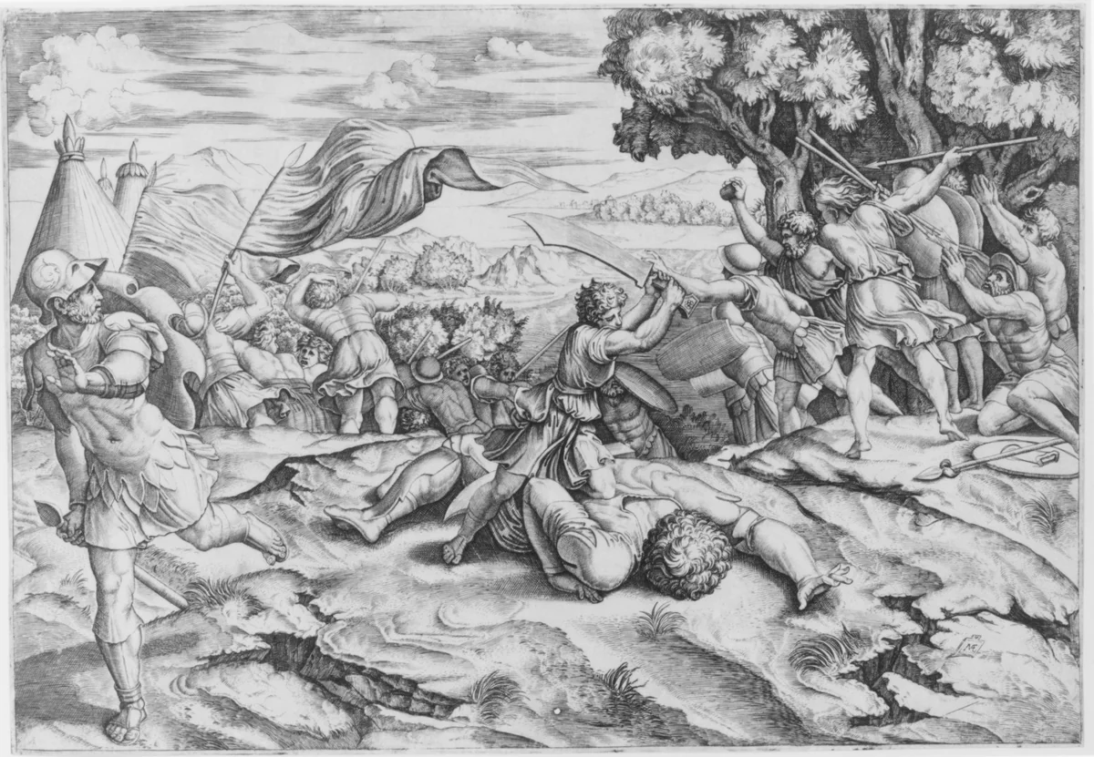 David raising sword to decapitate a fallen Goliath among battling soldiers by Marcantonio Raimondi, print, 1520-1525