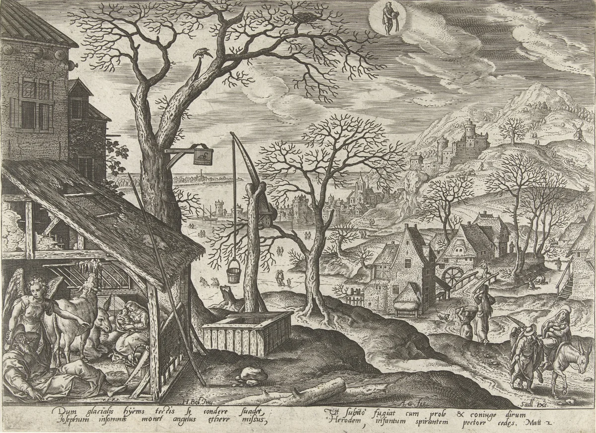 Januari: Jozef wordt door een engel gewaarschuwd by Unknown, print, 1585