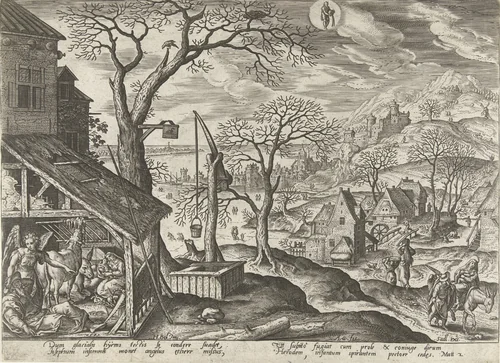 Januari: Jozef wordt door een engel gewaarschuwd by Unknown, print, 1585