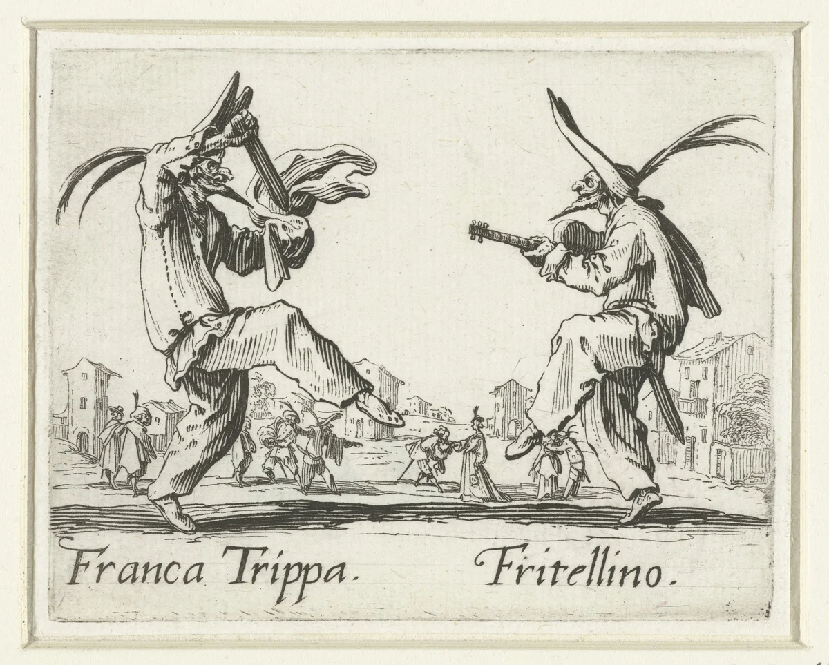 Twee straatartiesten als Franca Trippa en Fritellino by Jacques Callot, print, 1621-1622