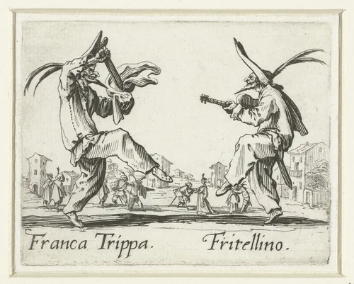 Twee straatartiesten als Franca Trippa en Fritellino by Jacques Callot, print, 1621-1622
