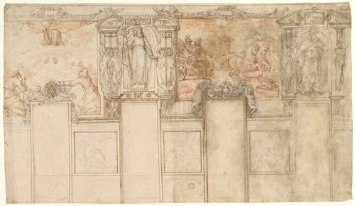 Design for a Wall Decoration: Representations of the Ascension and of the Conversion of the Ethiopian Eunuch by Giovanni de' Vecchi, drawing, 1595-1605