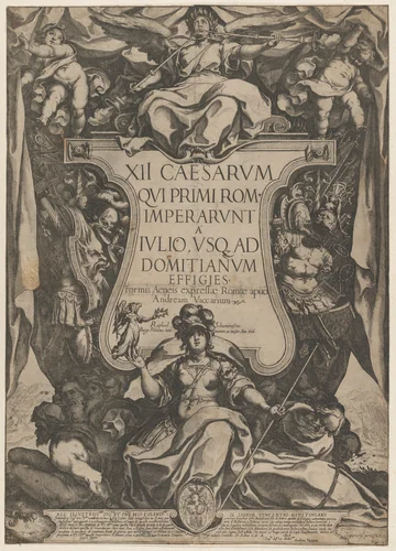 Frontispiece with a trumpeter sounding trumpets seated on top of a cartouche flanked by trophies, from 'The Twelve Caesars' by Raffaello Schiaminossi, print, 1606