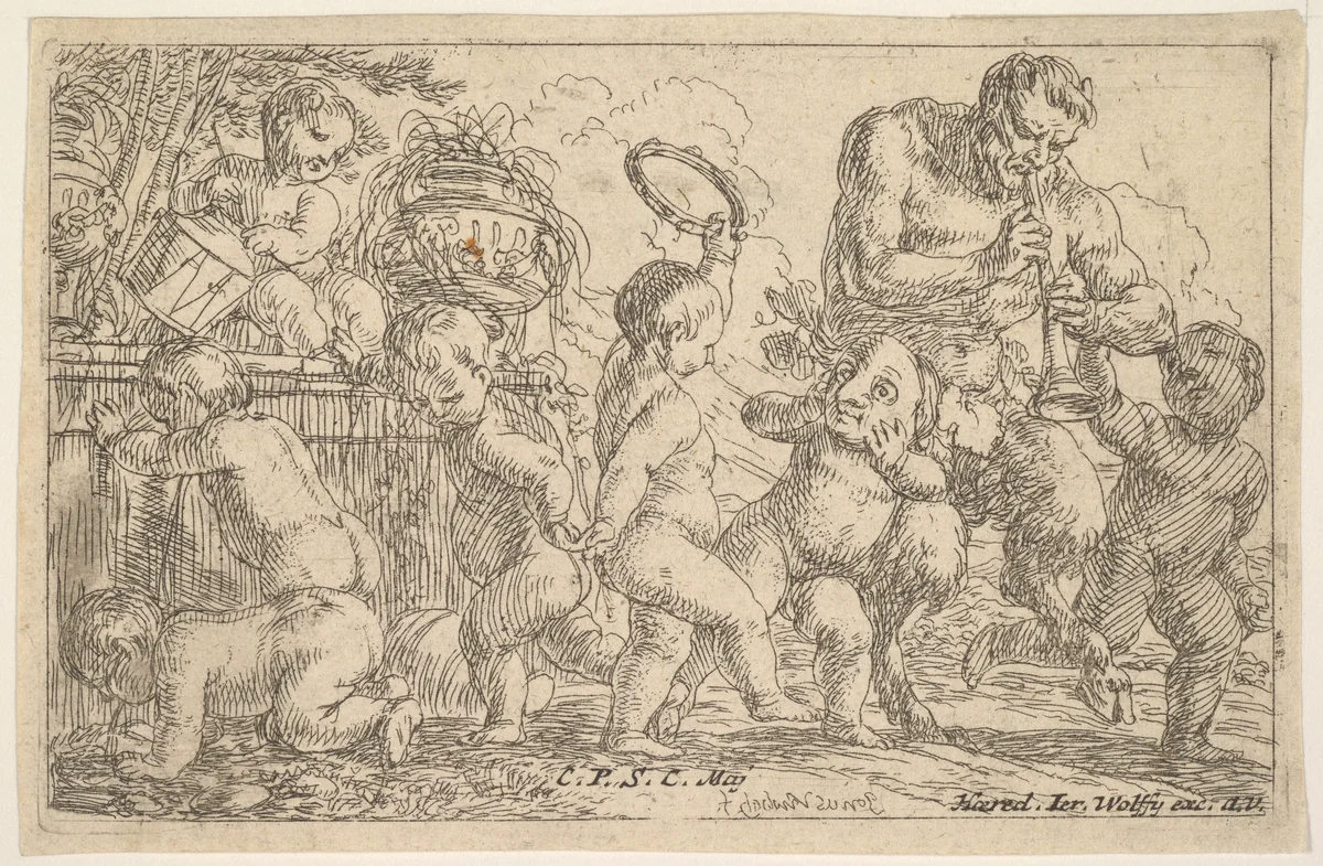 Satyr playing a pipe beside a putti holding a mask, surrounded by putti climbing over a low wall and dancing with musical instruments by Jonas Umbach, print, 1640-1693