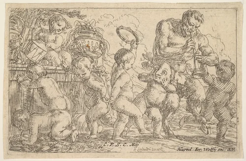Satyr playing a pipe beside a putti holding a mask, surrounded by putti climbing over a low wall and dancing with musical instruments by Jonas Umbach, print, 1640-1693