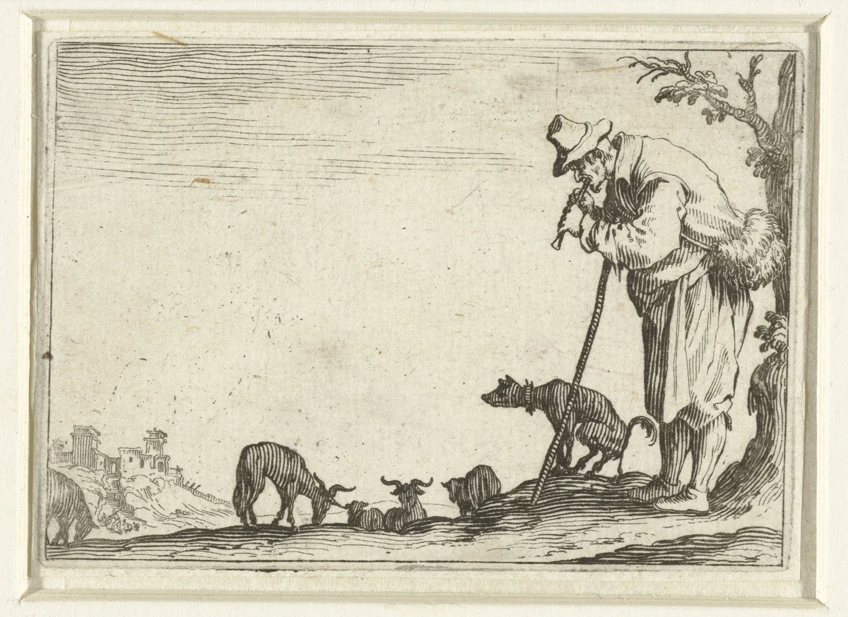 Fluitspelende man met tas, hond en geiten by Jacques Callot, print, 1621