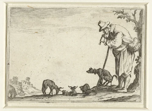 Fluitspelende man met tas, hond en geiten by Jacques Callot, print, 1621