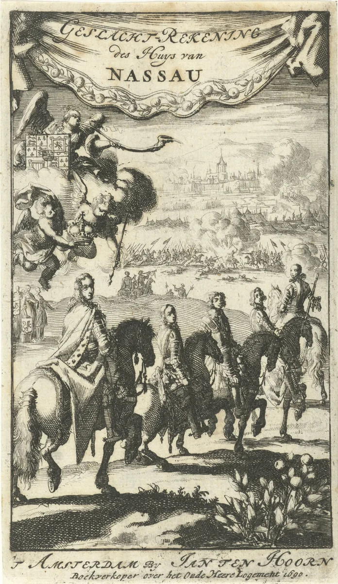 Prinsen van Oranje Willem I, Maurits, Frederik Hendrik, Willem II en Willem III te paard by Jan Luyken, print, 1690