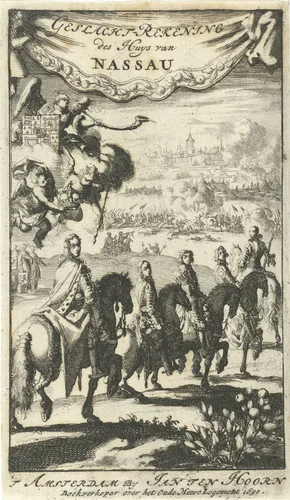 Prinsen van Oranje Willem I, Maurits, Frederik Hendrik, Willem II en Willem III te paard by Jan Luyken, print, 1690