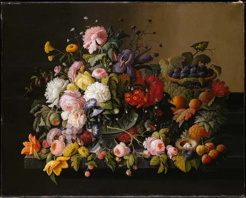 Still Life: Flowers and Fruit by Severin Roesen, artwork, 1850-1855