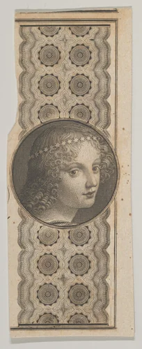 Banknote motif with a girl's head derived from Leonardo da Vinci against a patterned band by Asher Brown Durand, print, 1819-1837