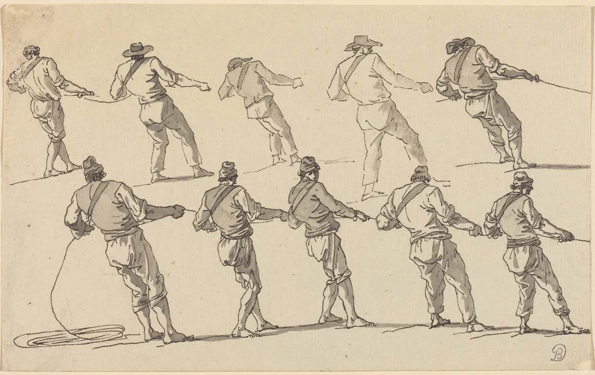 Ten Men Pulling on Ropes by Claude Joseph Vernet, drawing, 1714-1789