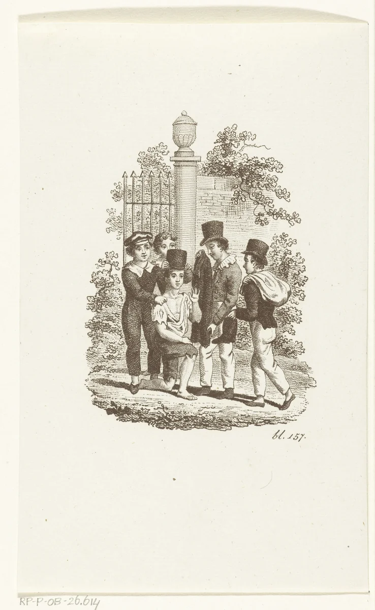 Vier kinderen kleden jongen in lompen netjes aan by Johannes Best, print, 1807-1855