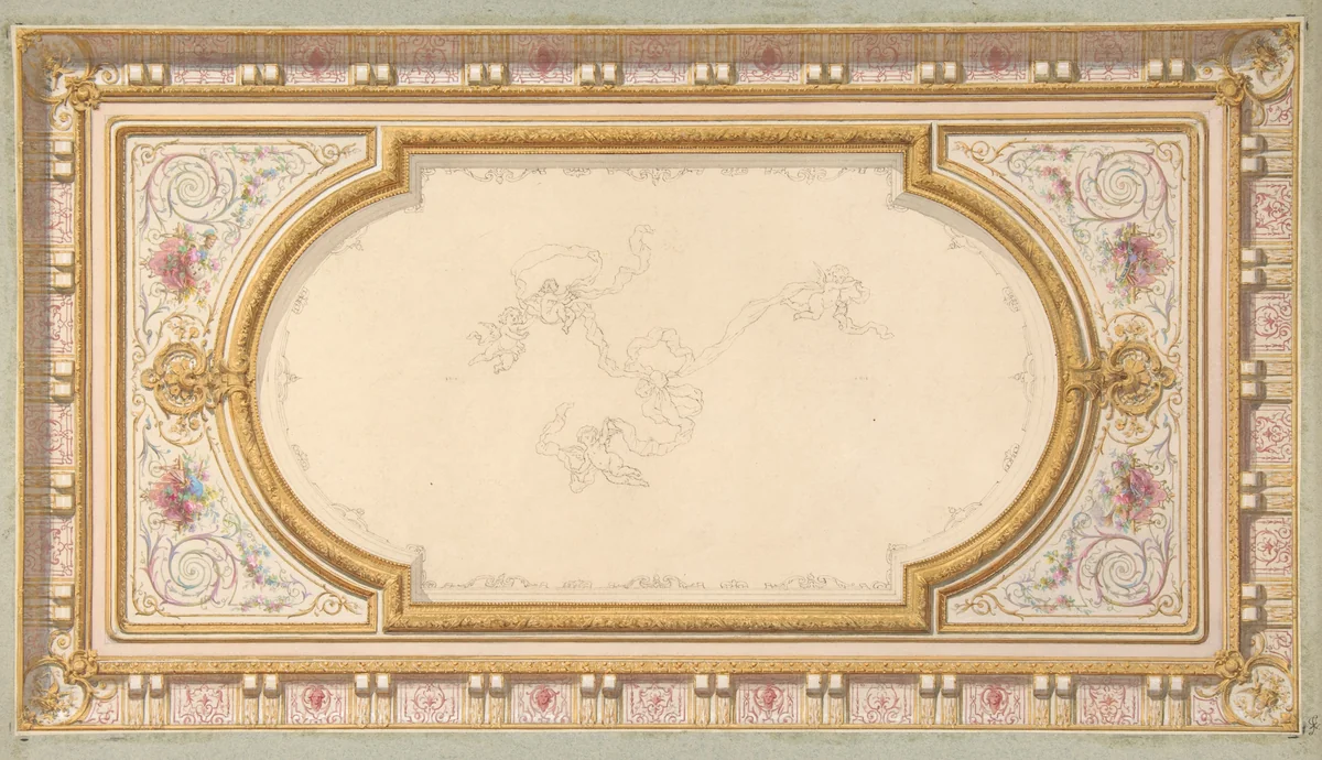 Design for a ceiling with ribbon bearing putti by Jules-Edmond-Charles Lachaise, drawing, 1850-1900