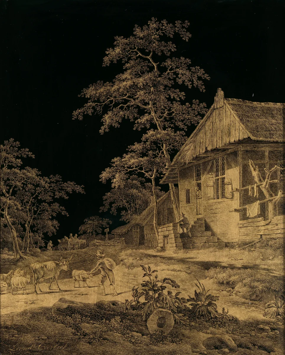 Shepherd at a Farmstead by Leendert Overbeek, painting, 1780-1815