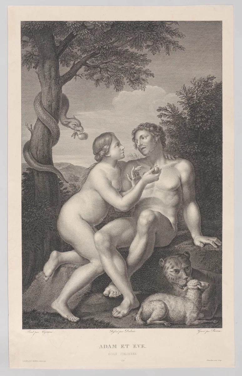 Adam and Eve, seated on a rock, with a serpent coiled around a tree at left and a lion and a lamb at right by Jean Antoine Pierron, print, 1803-1809