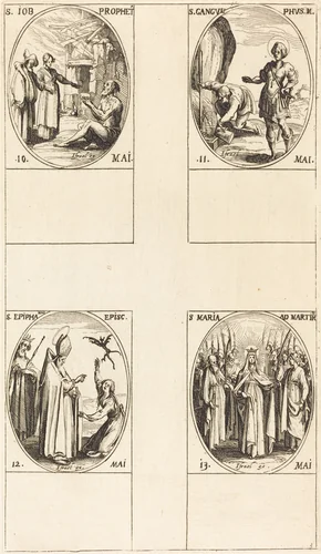 St. Job, Prophet; St. Gangulphus; St. Epiphanius; St. Mary of Martyrs by Jacques Callot, print, 1627-1637