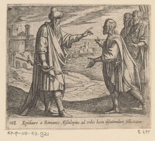Aesculapius spreekt tegen de Romeinen by Antonio Tempesta, print, 1606