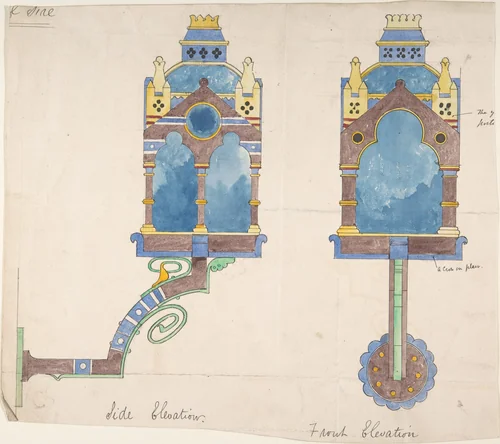 Design for a Church Wall Lantern, Front and Side Elevations by Richardson Ellson, drawing, 1875-1885