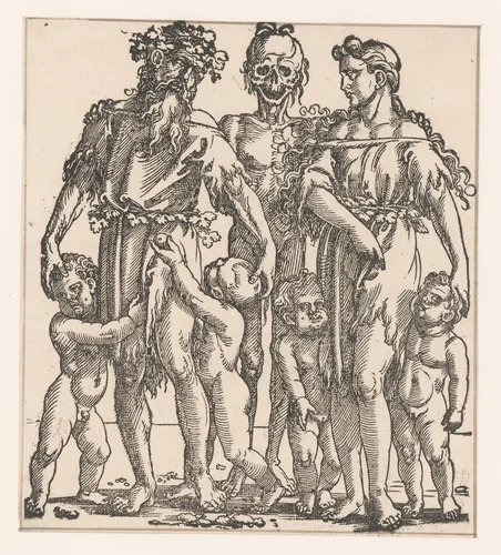 Adam met Eva en kinderen en met de dood als skelet by anonymous, print, 1530