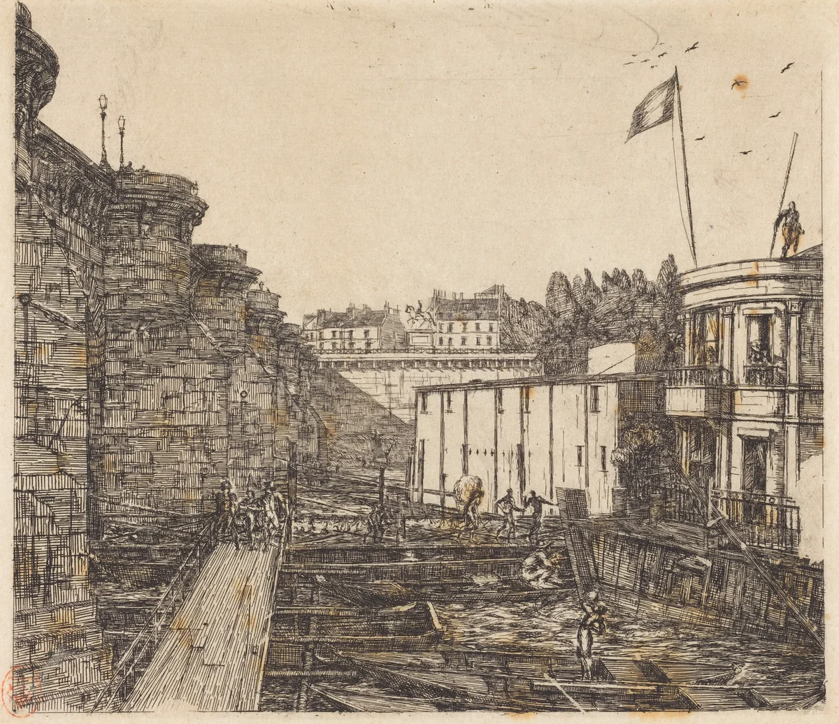 Bain-froid chevrier, dit "de l'École" (Chevrier's Cold-Bath Establishment, Sometimes called the "School-Baths") by Charles Meryon, print, 1864