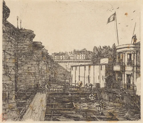 Bain-froid chevrier, dit "de l'École" (Chevrier's Cold-Bath Establishment, Sometimes called the "School-Baths") by Charles Meryon, print, 1864