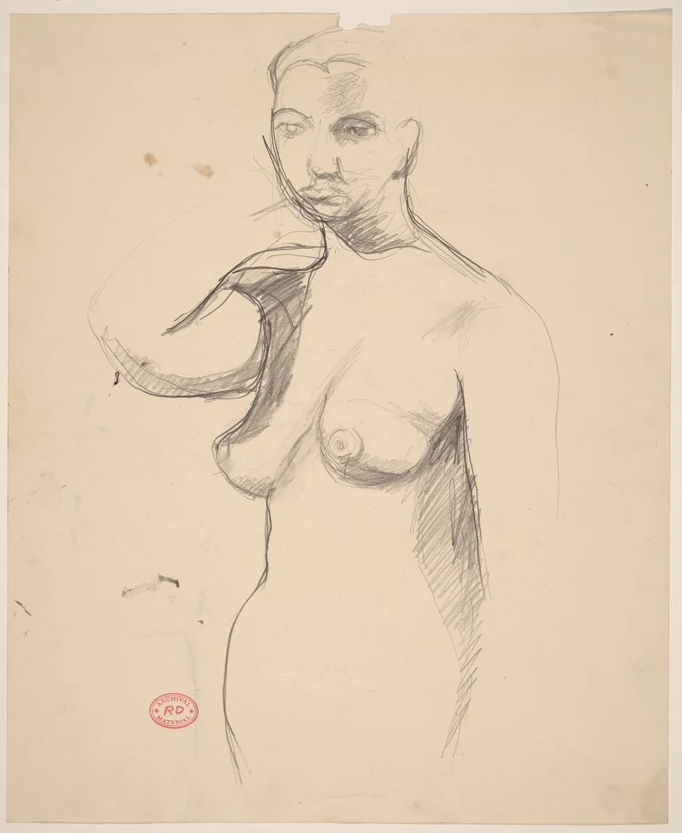 Untitled [standing female nude with raised right arm] by Richard Diebenkorn, drawing, 1955-1967
