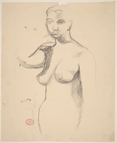 Untitled [standing female nude with raised right arm] by Richard Diebenkorn, drawing, 1955-1967