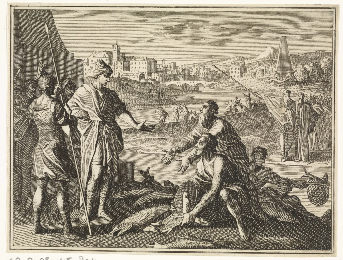 Aäron verandert het water van de rivier in bloed by Caspar Luyken, print, 1712