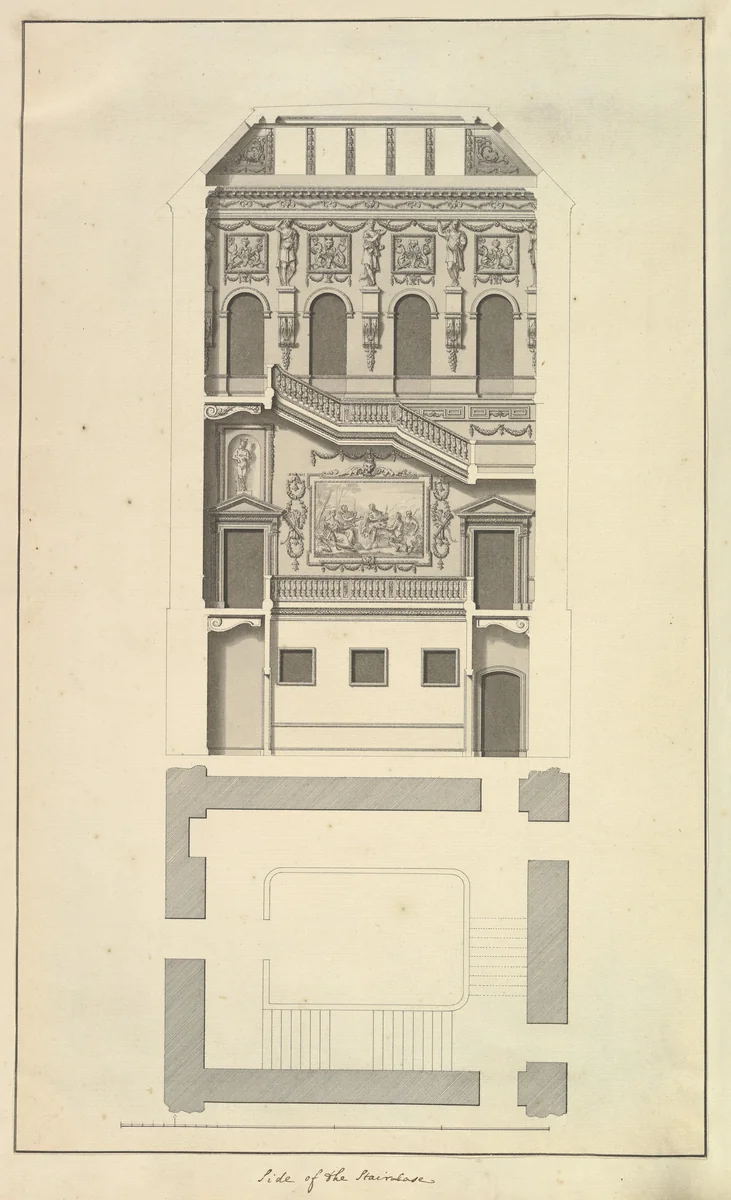 Side of the Staircase, Houghton Hall, Norfolk, Elevation by Isaac Ware, drawing, 1735