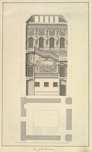 Side of the Staircase, Houghton Hall, Norfolk, Elevation by Isaac Ware, drawing, 1735