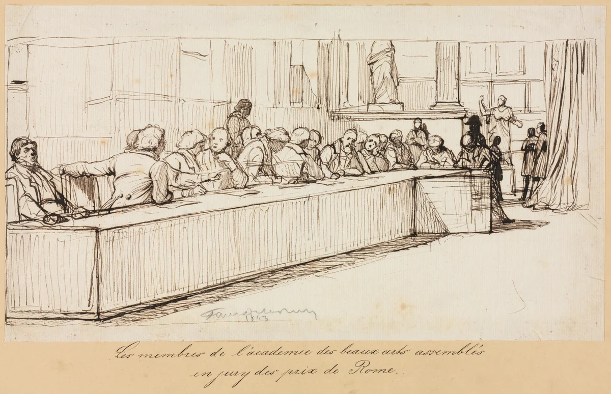 The Members of the Academy of Beaux-Arts Assembled to Jury the Rome Prize by Paul Delaroche, drawing, 1841-1842