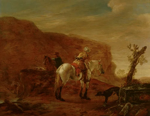 Two Horsemen by a Stream by Pieter Verbeecq, painting, 1635