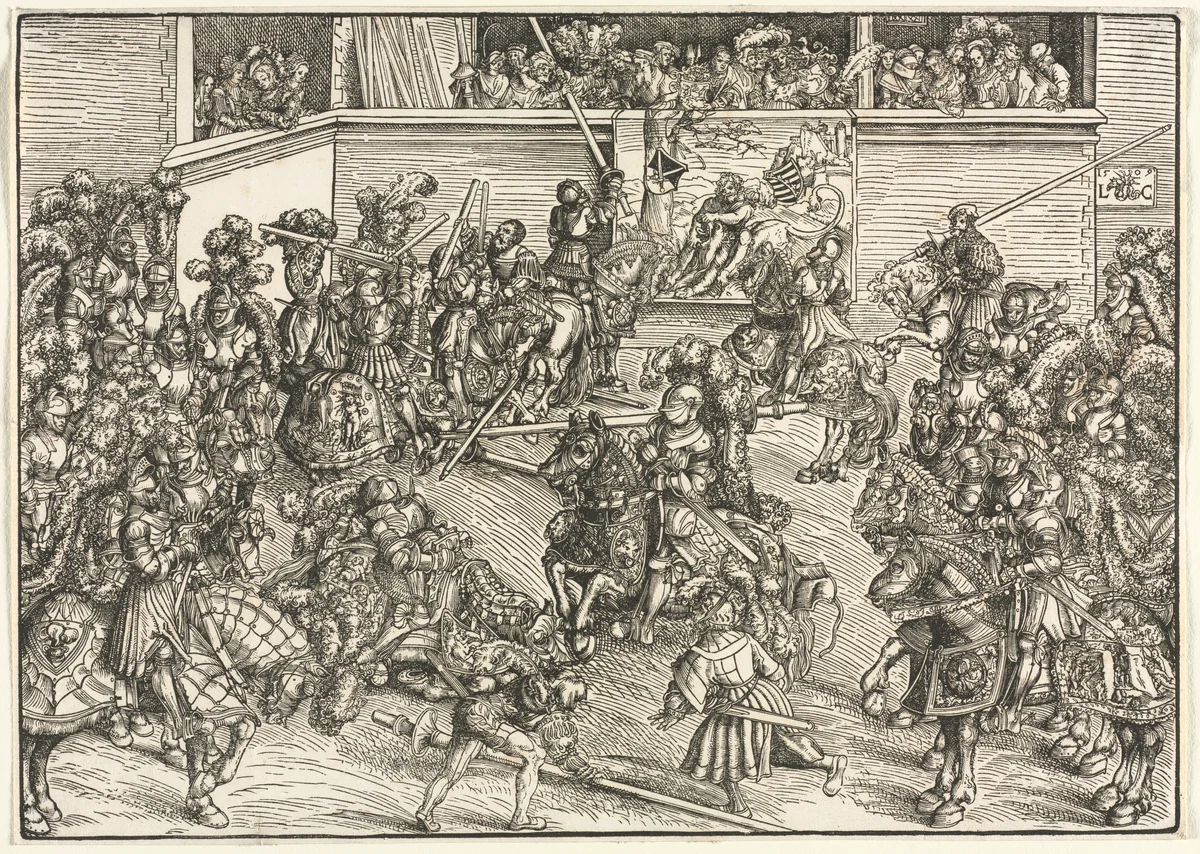 The Second Tournament with the Tapestry of Sampson and the Lion by Lucas Cranach, print, 1509