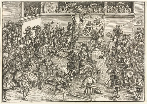The Second Tournament with the Tapestry of Sampson and the Lion by Lucas Cranach, print, 1509