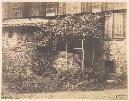 [Rustic Building with Man under Trellis] by André Giroux, photograph, 1851-1855