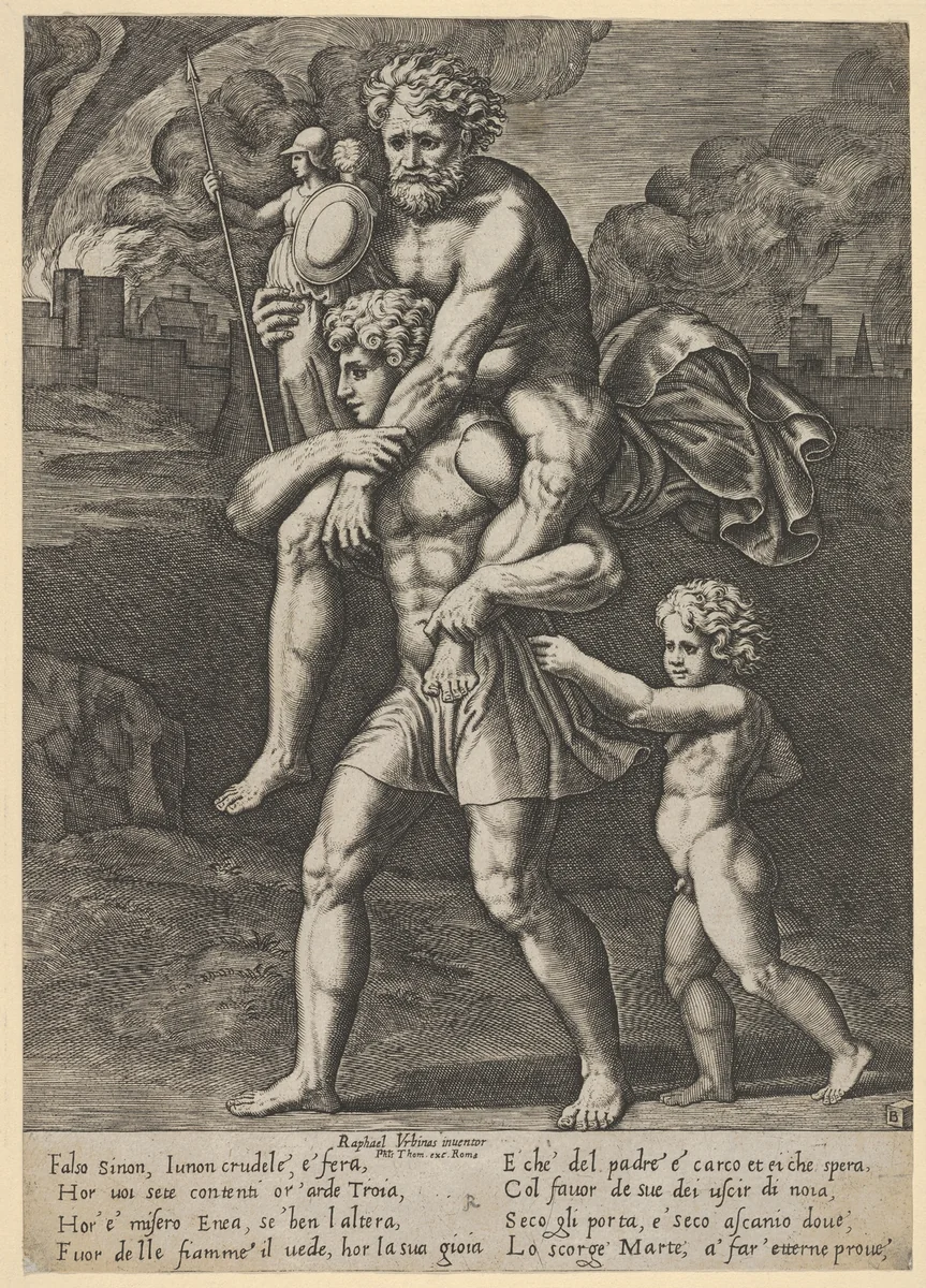 Aeneas carrying Anchises on his shoulders while Troy burns in the background by Master of the Die, print, 1530-1560