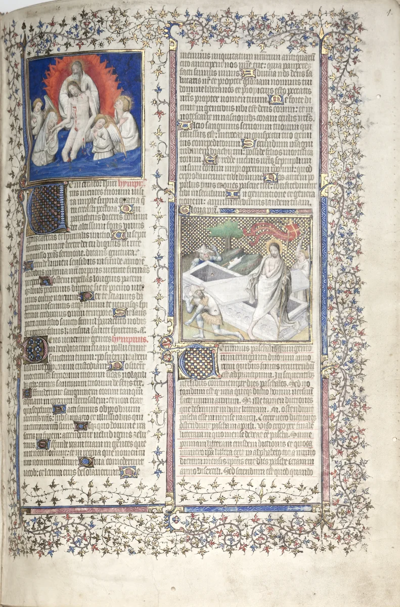 The Gotha Missal: Fol. 1r, Trinity and Resurrection by Master of the Boqueteaux, book, 1370-1380