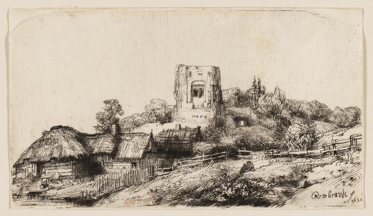 Landscape with a Square Tower by Rembrandt van Rijn, print, 1650