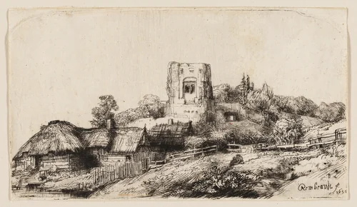 Landscape with a Square Tower by Rembrandt van Rijn, print, 1650