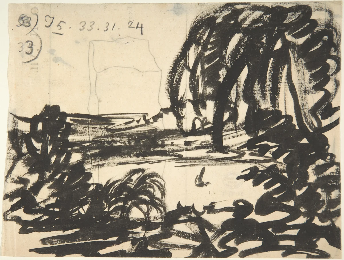 A blot-lake with boat, surrounded by trees by Alexander Cozens, drawing, 1750-1786
