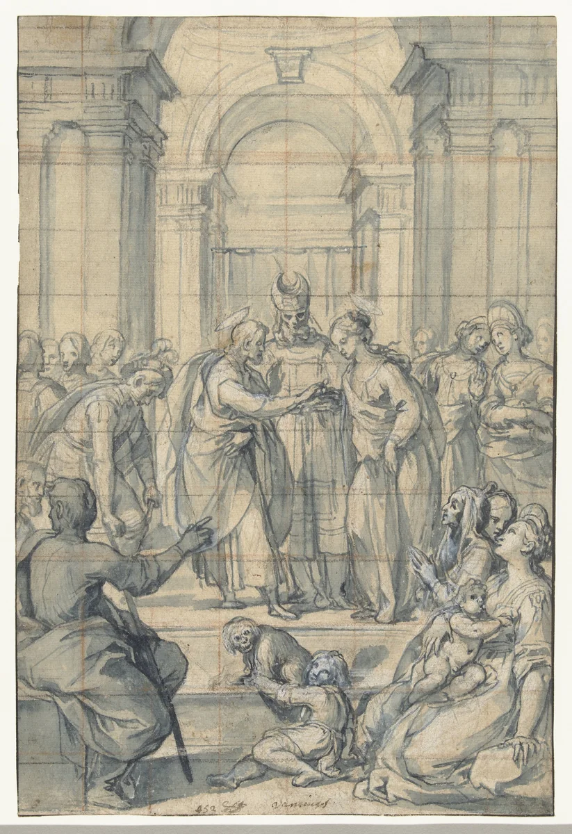 Het huwelijk van Maria en Jozef by Rutilio di Lorenzo Manetti, drawing, 1604-1610