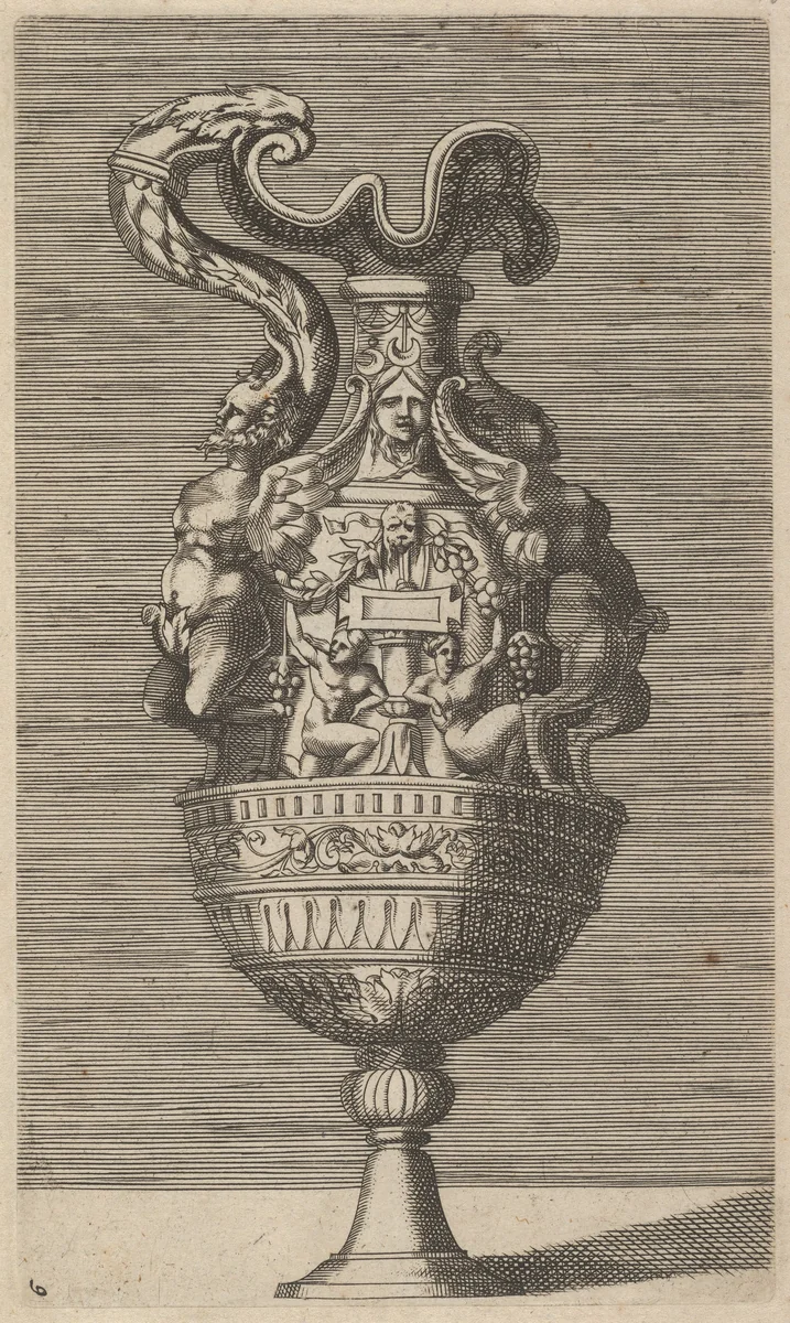Vase with Two Winged Satyrs by René Boyvin, print, 1670-1700