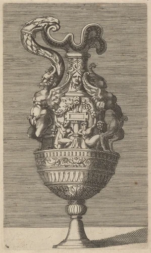 Vase with Two Winged Satyrs by René Boyvin, print, 1670-1700