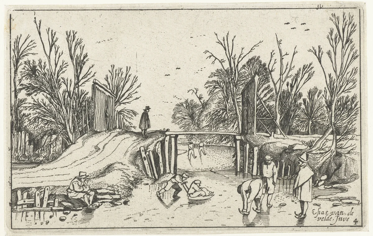Schaatsers voor een houten brug by anonymous, print, 1614