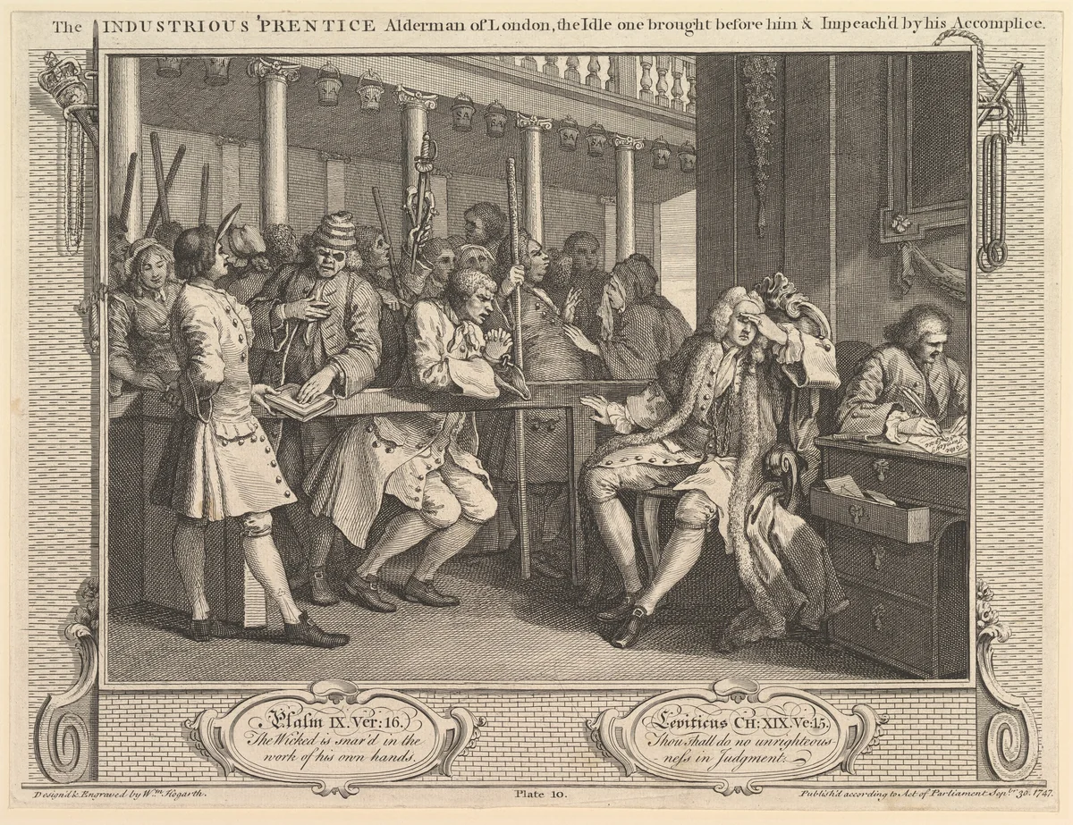 The Industrious 'Prentice Alderman of London, the Idle One Brought Before Him & Impeached by his Accomplice: Industry and Idleness, plate 10 by William Hogarth, print, 1747