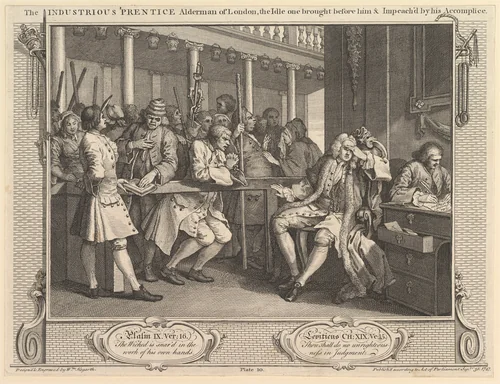 The Industrious 'Prentice Alderman of London, the Idle One Brought Before Him & Impeached by his Accomplice: Industry and Idleness, plate 10 by William Hogarth, print, 1747