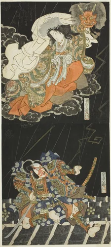Ichikawa Danjūrō VII as Watanabe no Tsuna and Segawa Kikunojō V as the Female Demon, in “Modori Bridge” (Modoribashi) by Utagawa Kunisada (歌川国貞), print, 1833